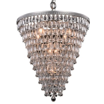 Candelabru din metal și sticlă, argintiu, în formă de con, cu pandantive picătură și lanț reglabil, finisaj patinat, 65 x 61 cm, „Kensington”