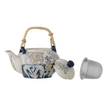 Ceainic din ceramică, cu motiv floral albastru pictat manual și mâner din bambus, cu infuzor, „Myah", 15 x 15 cm - Img 3