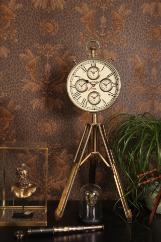 Ceas de podea din aluminiu și oțel, auriu, cu 4 fusuri orare și trepied, în formă de ceas de buzunar, 100 x 40 x 33 cm, „Longitude” - Img 2
