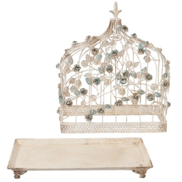 Colivie decorativa, alb, din metal, motive florale, aspect vintage