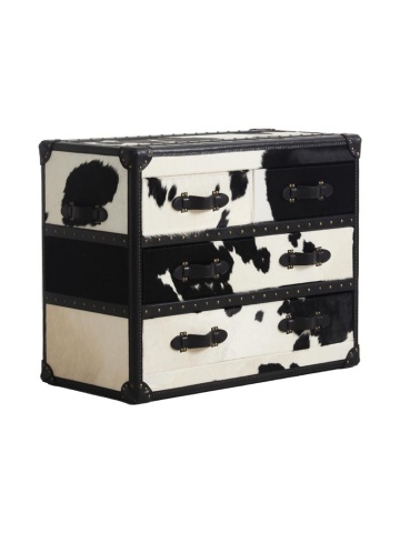 Comodă cu 4 sertare, tip cufăr, din piele naturală cu păr și lemn de stejar, alb și negru, cu colțare din metal, 80 x 100 x 50 cm, „Cow” - Img 3