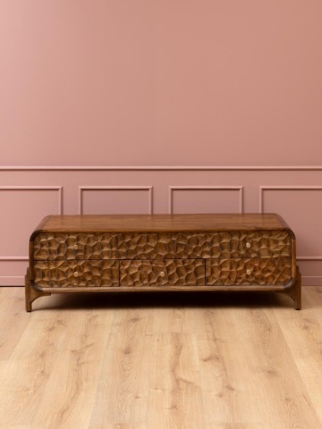 Comodă TV din lemn de mango cu 1 ușă și 3 sertare , natur, cu decor sculptat în relief și mânere din alamă, 150x32,5x160,5 cm, „Atlas" - Img 2