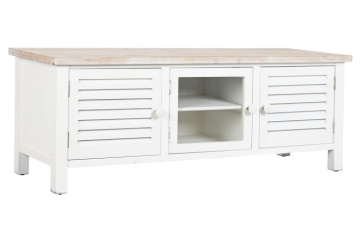 Comodă TV joasă din lemn, alb, cu blat natur, 3 uși, 3 rafturi, lamele tip jaluzea și ușă centrală din sticlă, 45 x 120 x 40 cm, „Pure Living” - Img 9