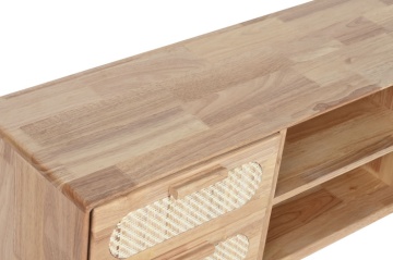 Comodă TV living din lemn de hevea, natur, cu 4 sertare din ratan împletit, 2 nișe și picioare înclinate, 48 x 120 x 30 cm, „Natqi” - Img 5