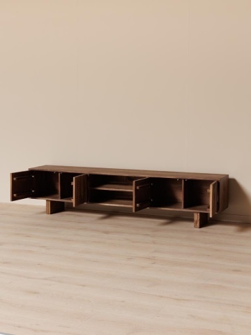 Comodă TV living din lemn de mango, maro, cu 4 uși, nișă deschisă cu raft și uși cu textură de scoarță, 46 x 201 x 35 cm, „Ecorce” - Img 4