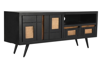 Comodă TV living din lemn de mango, negru, cu 2 uși, 2 sertare, nișă deschisă și inserții din ratan împletit, 60 x 145,5 x 40,5 cm, „Cheverny”
