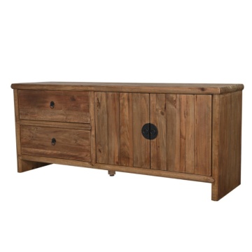 Comodă TV living din lemn reciclat, natur, cu 2 uși, 2 sertare și mâner rotund din metal negru, 65 x 156 x 44 cm, „Haven”
