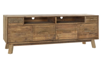 Comodă TV living din lemn reciclat, natur, cu 4 uși, 2 sertare, 2 nișe deschise și picioare oblice, finisaj antichizat, 65 x 180 x 48 cm, „Aubeline” - Img 2