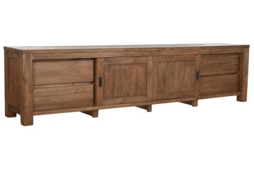 Comodă TV lungă din lemn de tec reciclat, natur, cu 2 uși glisante, 4 sertare și raft central, 60 x 250 x 45 cm, „Varindra” - Img 3