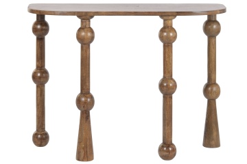Consolă hol din lemn de mango, maro, cu blat cu capete rotunjite și picioare strunjite cu sfere, finisaj natural, 81 x 107 x 38 cm, „Dinan”