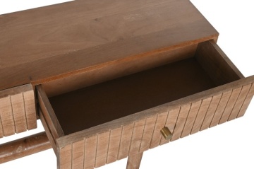 Consolă hol eclectică din lemn de mango, natur, cu 2 sertare canelate și bază din lemn rotund cu traverse încrucișate, 76 x 110 x 30 cm, „Odelin” - Img 4