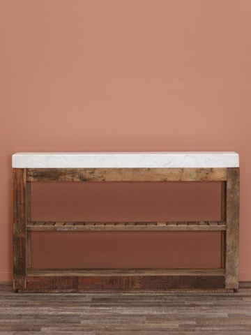 Consolă hol rustică din lemn reciclat, natur, cu blat din marmură albă și raft din șipci, 81,5 x 132 x 31 cm, „Greta” - Img 5
