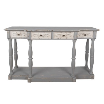 Consolă hol shabby chic din lemn, gri, cu 4 sertare, raft jos și picioare strunjite, finisaj antichizat, 85 x 142 x 42 cm, „Poème”