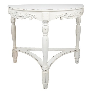 Consolă hol shabby chic din lemn masiv, alb, cu blat semicerc, ornamente sculptate și picioare strunjite, 87 x 106 x 48 cm, „Agatha”
