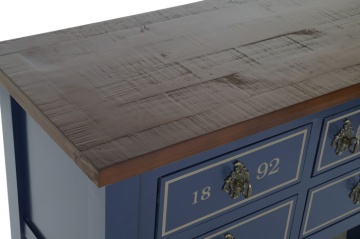Consolă hol vintage din lemn de paulownia, albastru, cu 6 sertare cu inscripții, mânere ornamentale și blat maro, 80 x 103 x 35 cm, „Cafe 1892” - Img 2