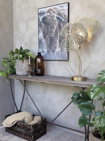 Consolă hol vintage French Country din lemn de pin masiv, natur, cu picioare din fier cu volute și rozete, baiț gri, 81 x 150 x 38 cm, „Old French” - Img 2