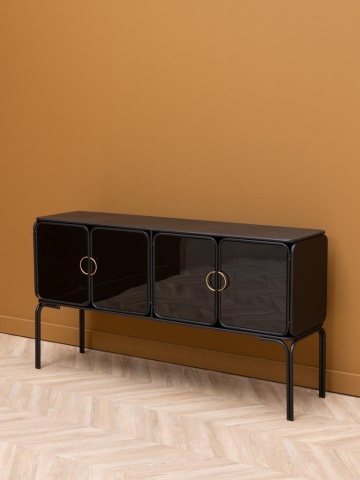 Consolă vintage din metal, cu 4 uși din sticlă opacă, 4 rafturi și mânere circulare aurii, negru, finisaj lucios, 150×38×82 cm, „Ashbury" - Img 2
