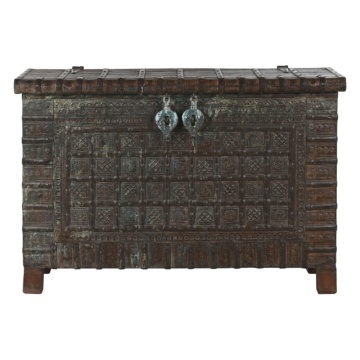 Cufar vintage, din lemn de tec, sculptat manual, Trunk