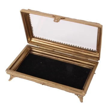 Cutie pentru bijuterii din alamă și sticlă, aurie, cu capac din sticlă biselată și margini ornamentate, antichizată, 5,5 x 18 x 10 cm, „Coffret” - Img 2