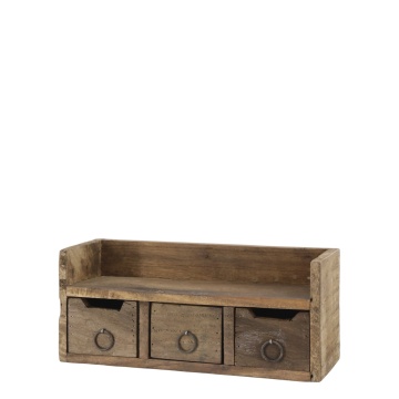 Etajeră de perete din lemn reciclat, natur, cu 1 raft, 3 sertare și mânere în formă de inel, aspect rustic, 15 x 36 x 12 cm, „Grimaud”