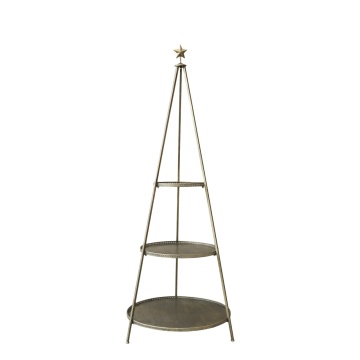 Etajeră metalică în formă de brad cu 3 tăvi, finisaj alamă antichizată, H165,5/D64 cm