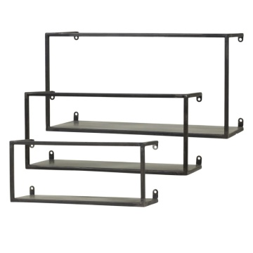 Etajere de perete metalice, negru, set de 3, cu cadru deschis, 13–21 x 30–40 x 10–15,5 cm, „Forge”