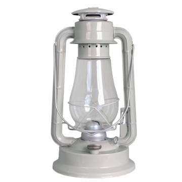 Felinar vintage bej cu petrol, din metal și sticlă, cu detalii argintii, capac de siguranță și fitil inclus, „Hurricane Lantern Beige Large"