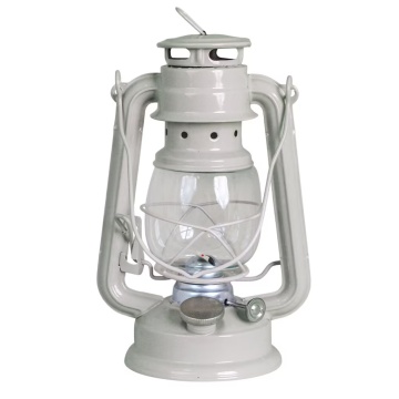 Felinar vintage bej cu petrol, din metal și sticlă, cu detalii argintii, capac de siguranță și fitil inclus, „Hurricane Lantern Beige Small"
