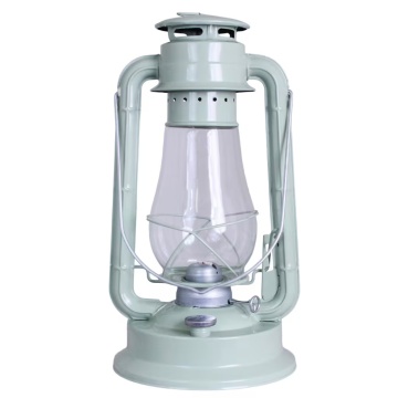 Felinar vintage verde deschis cu petrol, din metal și sticlă, cu detalii argintii, capac de siguranță și fitil inclus, „Hurricane Lantern Light Green Large"