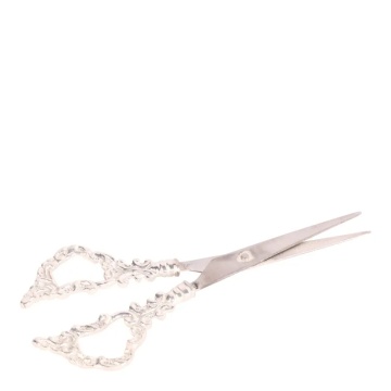 Foarfecă decorativă din alamă, argintiu, cu mânere ornamentate în stil baroc, 17 x 6 x 1 cm, „Couturière”