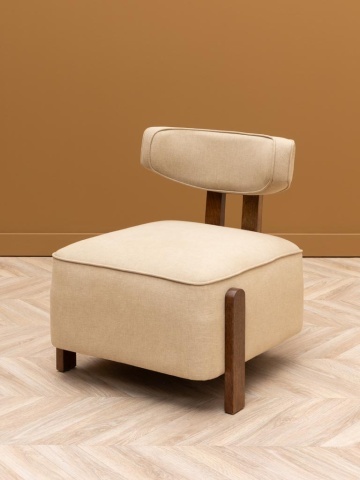 Fotoliu bej pentru living, în stil Art Deco, din bumbac, cu spătar curbat pe stâlpi din lemn de mango maro închis, 59×66×74 cm, „Calley” - Img 3
