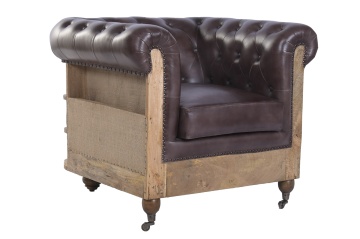 Fotoliu Chesterfield din piele naturală maro închis, capitonat, cu laterale din lemn de mango și iută, picioare pe roți, 84×77×79 cm, „Cassis” - Img 3