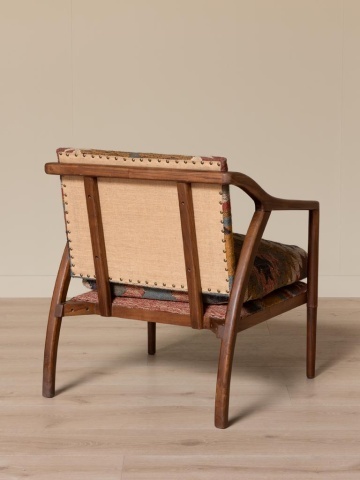 Fotoliu de relaxare în stil etnic, multicolor, din kilim de iută și lână, cu brațe curbate și cadru din lemn de mango, 68×75×83 cm, „Ayaco” - Img 7