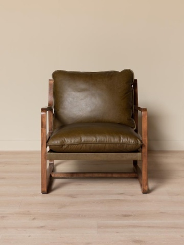 Fotoliu din piele naturală verde, cu structură din lemn de acacia, finisaj patinat, 76×77×77 cm, „Céron" - Img 4
