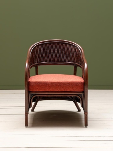 Fotoliu din ratan pentru living, în stil etnic, maro, cu pernă de șezut portocalie din stofă și spătar împletit fin, 60,5×76×78 cm, „Pigmento” - Img 2