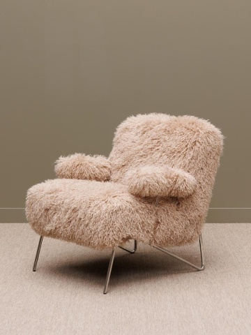 Fotoliu lounge pufos bej din stofă cu fibră lungă tip Mongolian fur cu structură din oțel, „Paddy” - Img 2