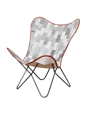 Fotoliu patchwork gri din piele de vacă cu structură din metal, „Aubrac Butterfly”