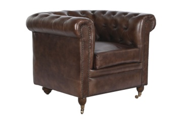 Fotoliu vintage din piele naturală maro închis, „Chesterfield"