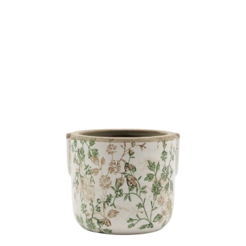 Ghiveci decorativ alb din ceramică antichizată, pictat manual, cu decor floral-vegetal, 13,5x15,5 cm, „Grasse"