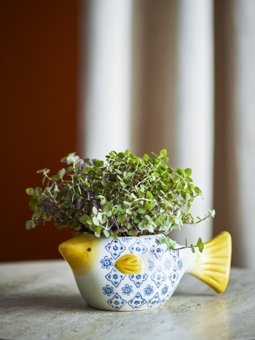 Ghiveci decorativ din ceramică albă în formă de pește cu model floral albastru pictat manual, 25×9×11 cm, „Wrenna" - Img 4