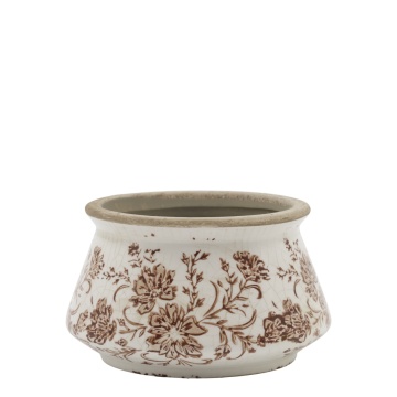 Ghiveci decorativ tronconic alb din ceramică pictată manual, cu motiv floral natur, 14,5x9 cm, „Grenoble"