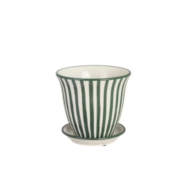 Ghiveci din ceramică pictat manual cu dungi, Ø 16 x H 13,5 cm, verde închis, „Miriam"