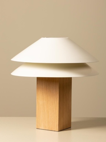 Lampă de masă din bumbac bej cu structură din furnir de stejar și metal cromat, abajur dublu, finisaj natural, 50×35 cm, „Doppia" - Img 3