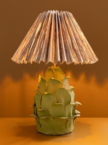 Lampă de masă din hârtie mâché, în formă de anghinare, verde, cu abajur plisat din iută naturală, stil etnic, 67,5 x Ø 50 cm, „Artyso” - Img 3