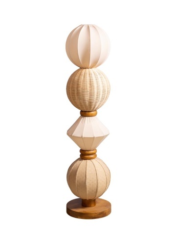 Lampă de podea din in și rattan natur, cu structură din lemn deschis, etaje rotunde suprapuse, finisaj natural, 138×34 cm, „Lumea"