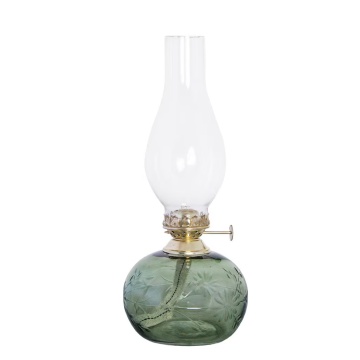 Lampă vintage cu petrol din sticlă verde smarald cu flori gravate și arzător alamă, „Kerosene Oval Flower"