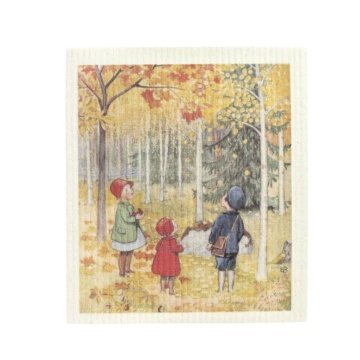 Lavetă artizanală din bumbac cu ilustrație de toamnă de Elsa Beskow, alb, 17×20 cm, „Autumn Walk"