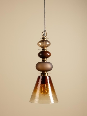 Lustră din sticlă texturată camel cu structură din alamă antichizată cu elemente sferice decorative, formă conică, 65 × 29 cm, „Astrolab" - Img 5