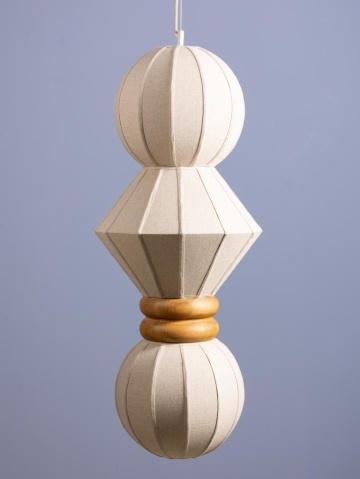 Lustra suspendată din bumbac și in, natur, cu structură din lemn, formă geometrică, 95x38 cm, „Lumea" - Img 5