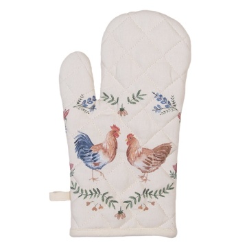 Mănușă de cuptor din bumbac, cu motiv găină și cocoș, culori bej și albastru, stil country, 30x18 cm, „Coq en Pâte"